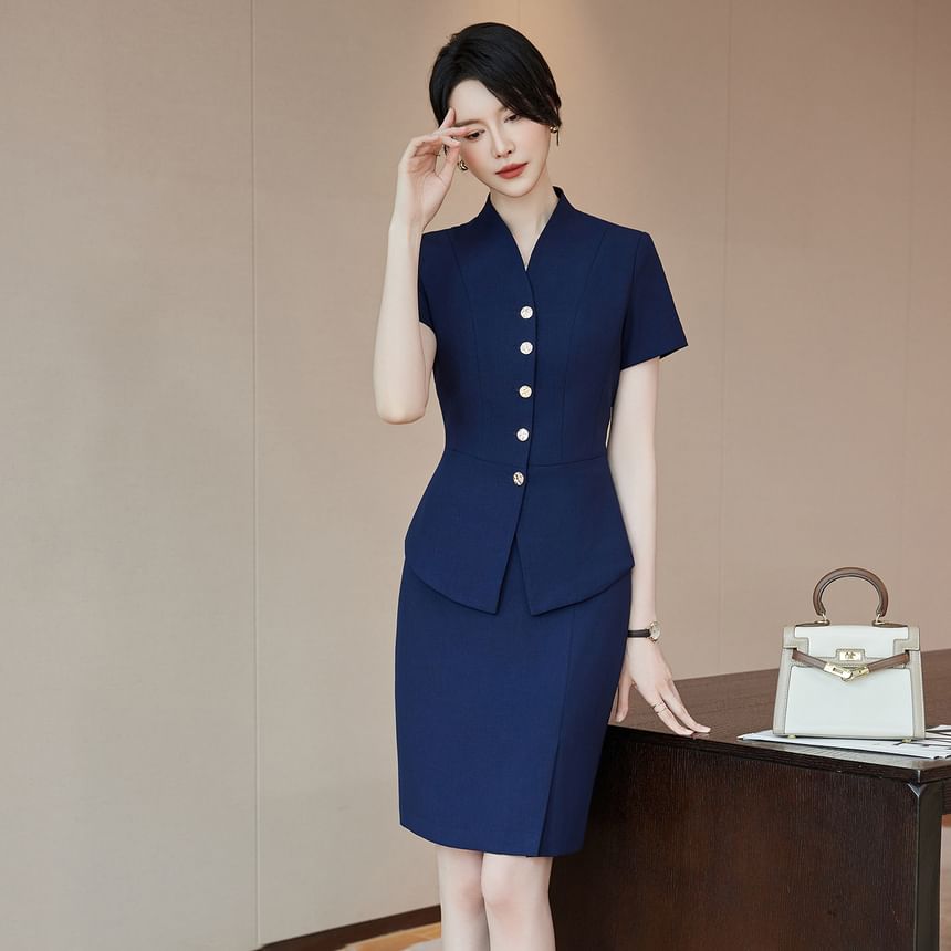 Short-Sleeve Plain Button-Up Blazer / High Waist Mini Pencil Skirt / Mid Rise Straight Leg Dress Pants