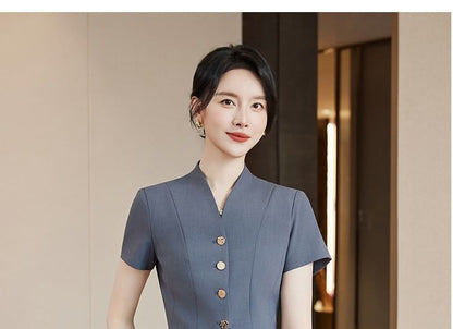 Short-Sleeve Plain Button-Up Blazer / High Waist Mini Pencil Skirt / Mid Rise Straight Leg Dress Pants