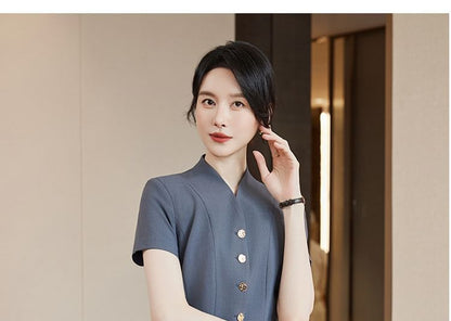 Short-Sleeve Plain Button-Up Blazer / High Waist Mini Pencil Skirt / Mid Rise Straight Leg Dress Pants