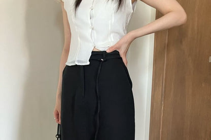 Scarf Neck Button Crop Blouse