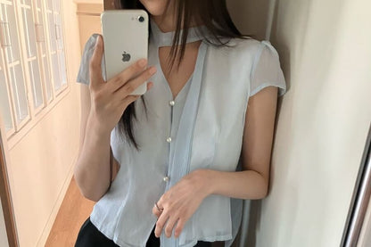 Scarf Neck Button Crop Blouse