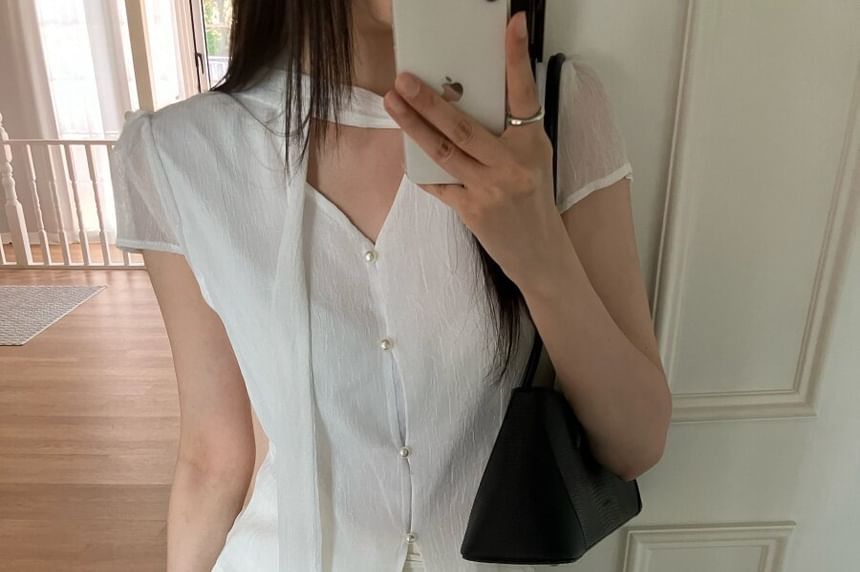 Scarf Neck Button Crop Blouse