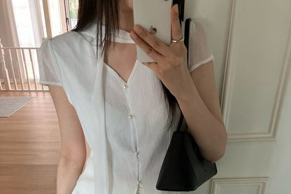 Scarf Neck Button Crop Blouse