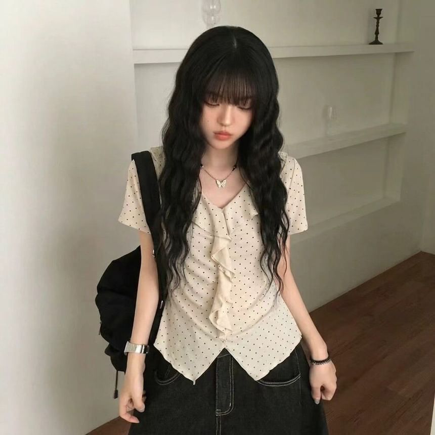 Micro Dot Ruffle Trim Tee