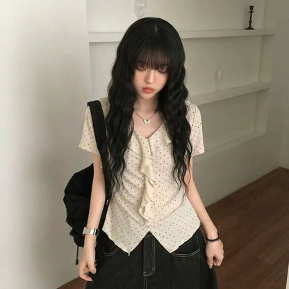 Micro Dot Ruffle Trim Tee