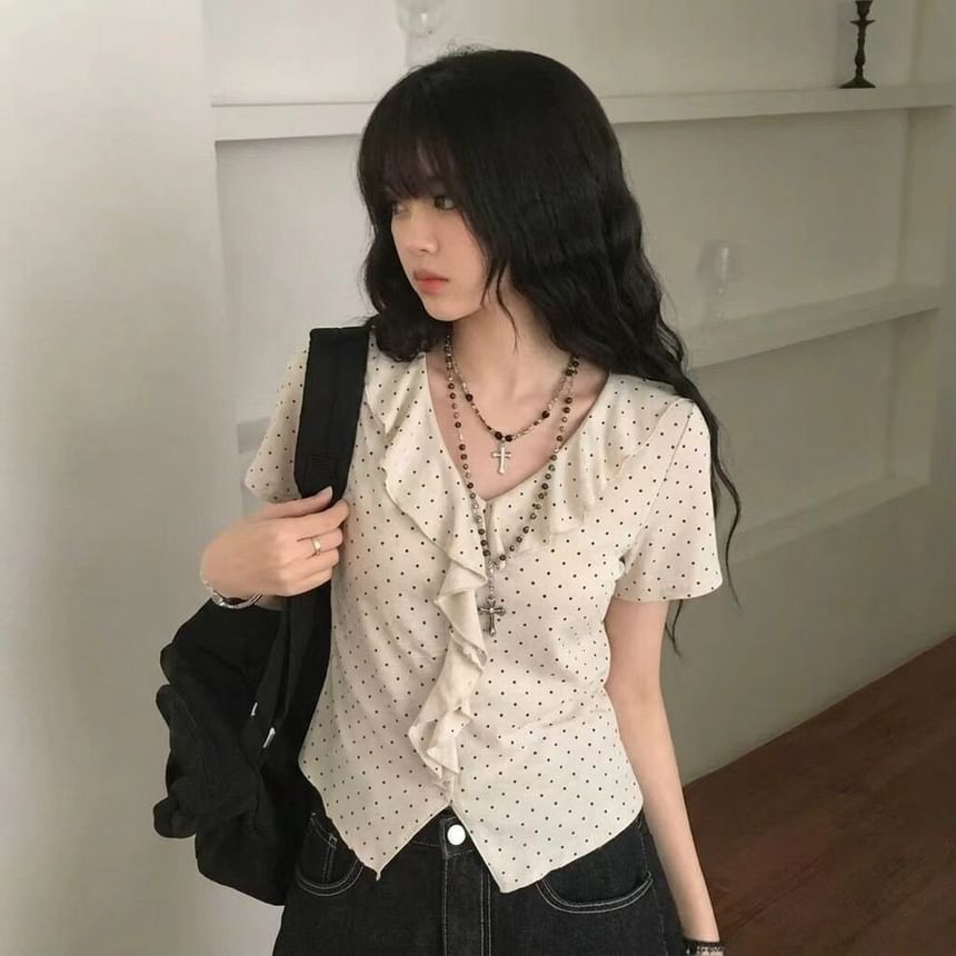 Micro Dot Ruffle Trim Tee