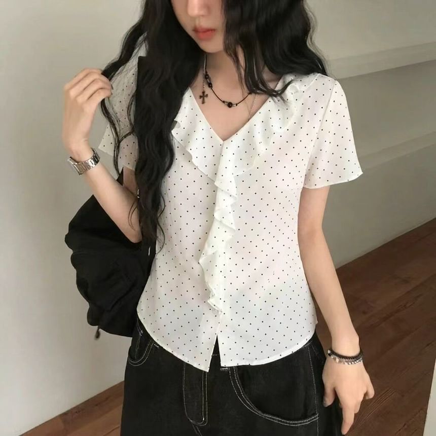 Micro Dot Ruffle Trim Tee