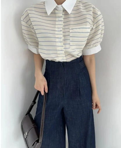 Striped Contrast Button Blouse