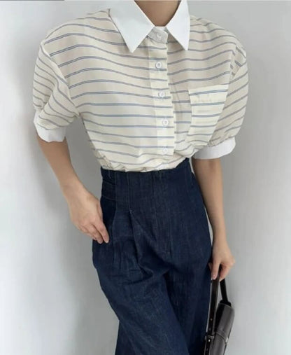 Striped Contrast Button Blouse