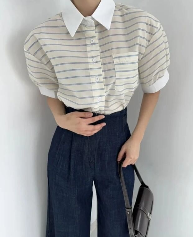Striped Contrast Button Blouse