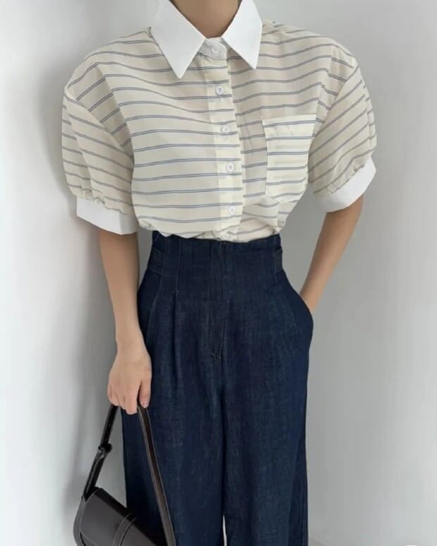 Striped Contrast Button Blouse