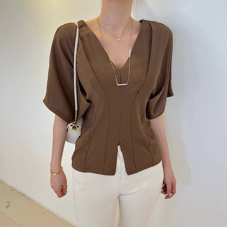 V-Neck Zip Slit Blouse