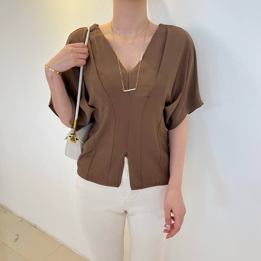 V-Neck Zip Slit Blouse