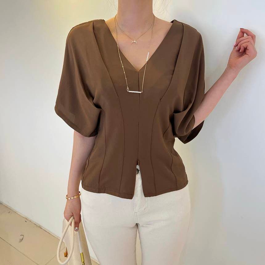 V-Neck Zip Slit Blouse