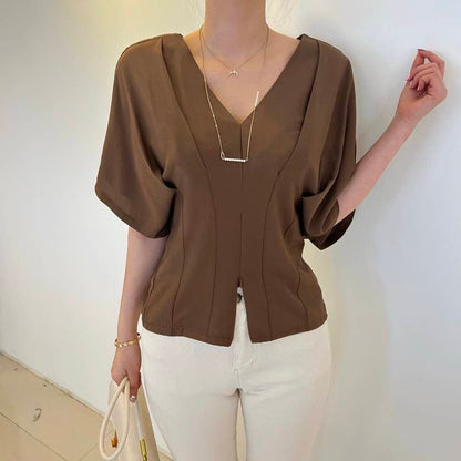 V-Neck Zip Slit Blouse