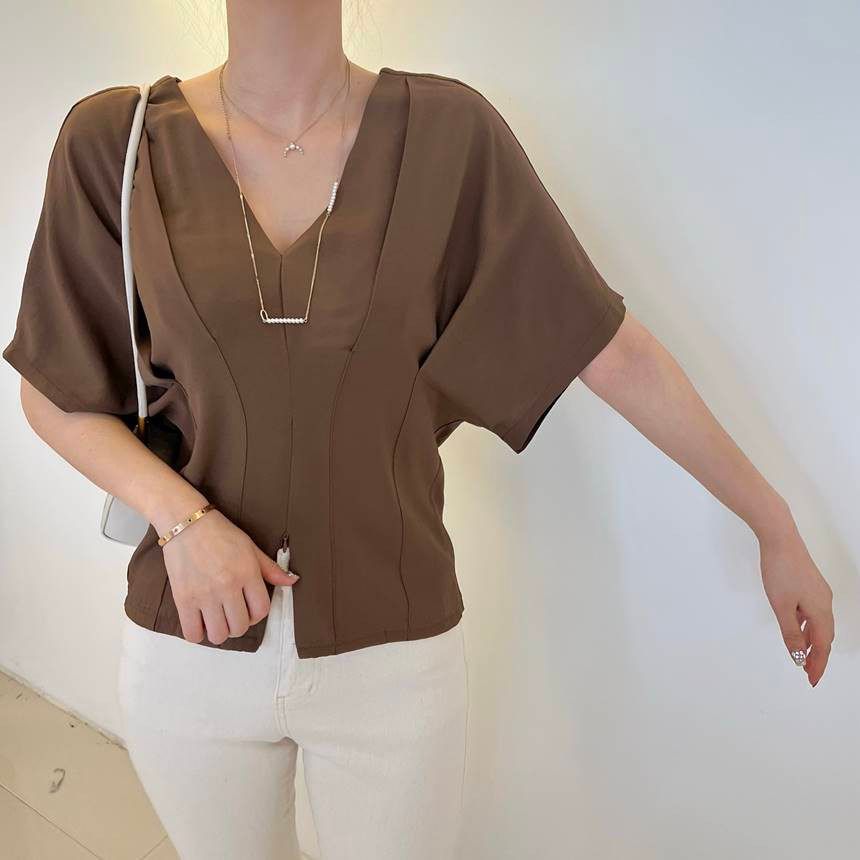 V-Neck Zip Slit Blouse