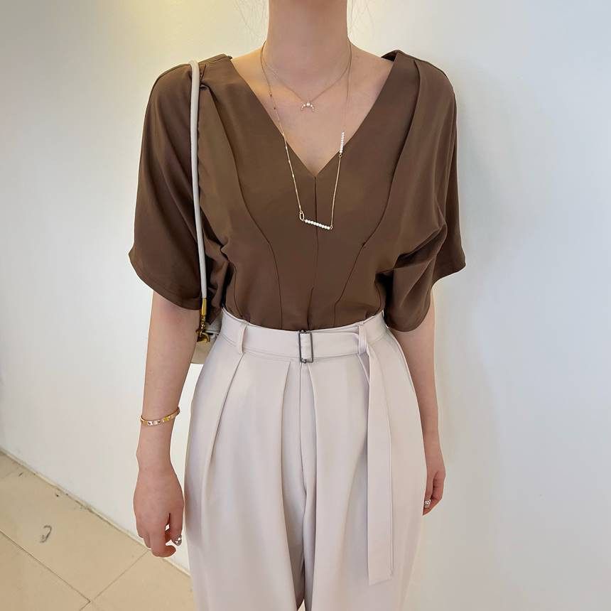 V-Neck Zip Slit Blouse