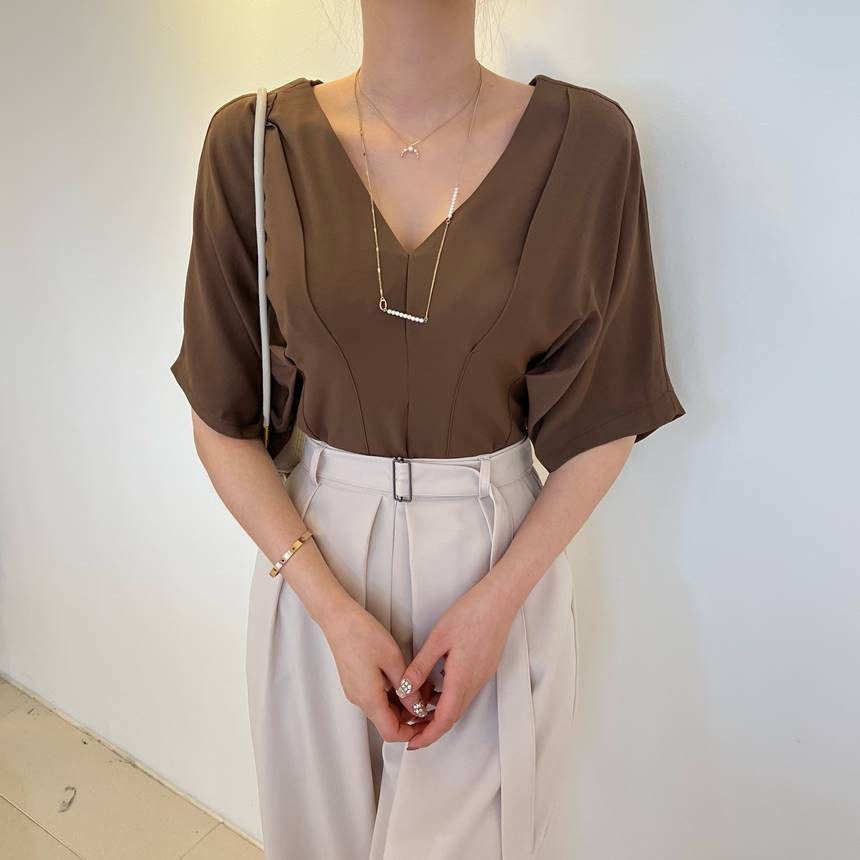 V-Neck Zip Slit Blouse
