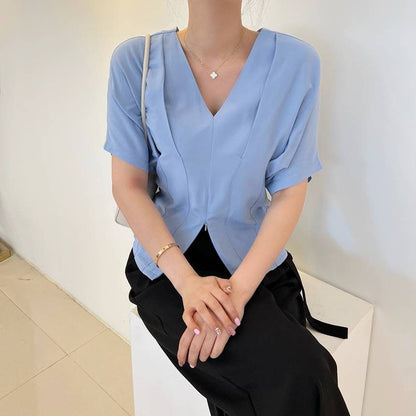 V-Neck Zip Slit Blouse