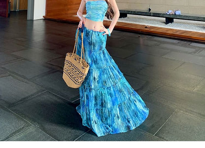 Tie Dye Ruched Crop Tube Top / Drawstring Waist Frill Trim Maxi A-Line Skirt