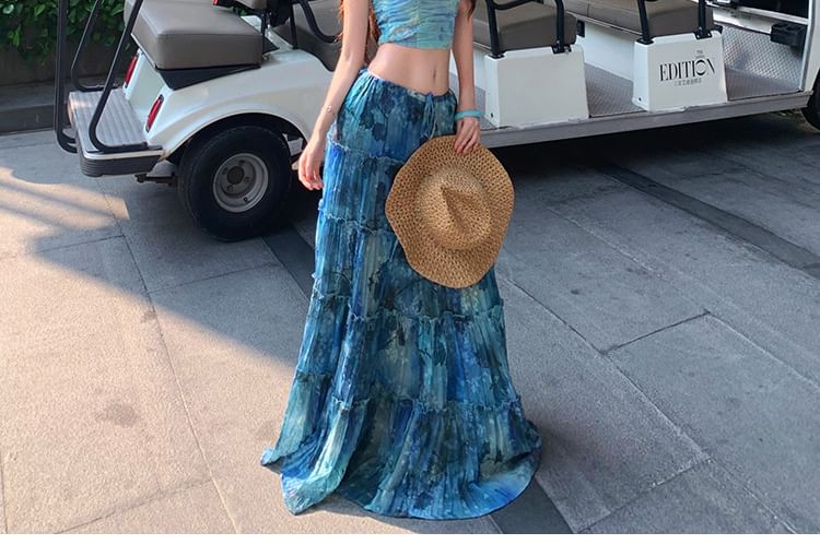 Tie Dye Ruched Crop Tube Top / Drawstring Waist Frill Trim Maxi A-Line Skirt