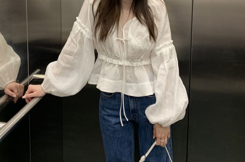 V-Neck Frill Tie Front Blouse