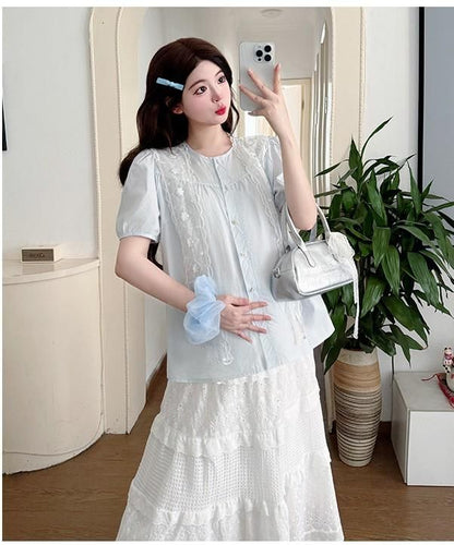 Maternity Blouse with Lace Scarf and Skirt Set