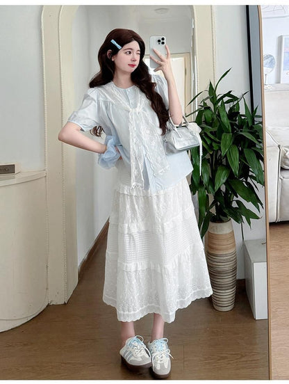Maternity Blouse with Lace Scarf and Skirt Set