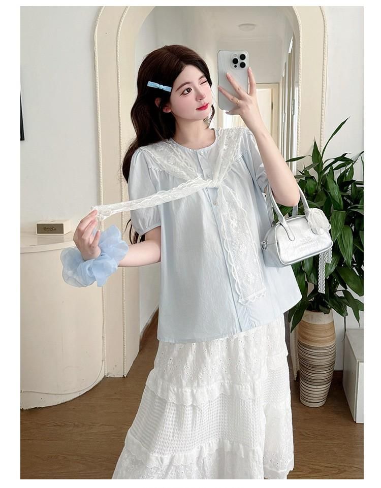 Maternity Blouse with Lace Scarf and Skirt Set