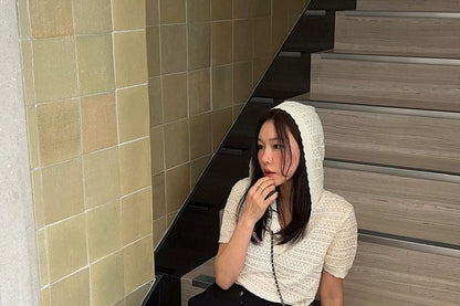 Perforated Knit Hoodie with Short Sleeves
