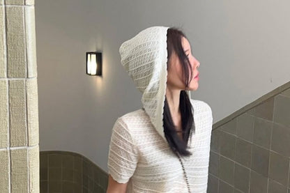 Perforated Knit Hoodie with Short Sleeves