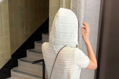 Perforated Knit Hoodie with Short Sleeves