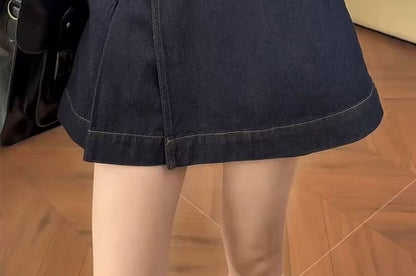 Mid Rise Denim Wrap Mini A-Line Skirt