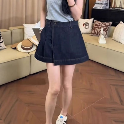 Mid Rise Denim Wrap Mini A-Line Skirt