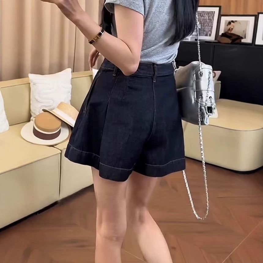 Mid Rise Denim Wrap Mini A-Line Skirt
