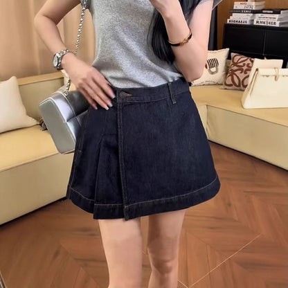Mid Rise Denim Wrap Mini A-Line Skirt