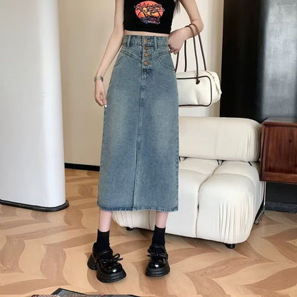 High Waist Washed Denim Midi A-Line Skirt