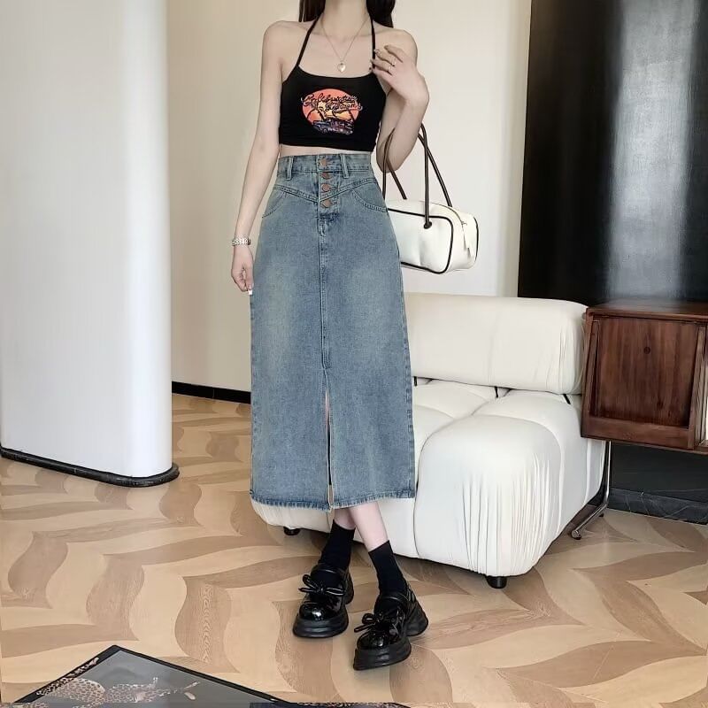 High Waist Washed Denim Midi A-Line Skirt