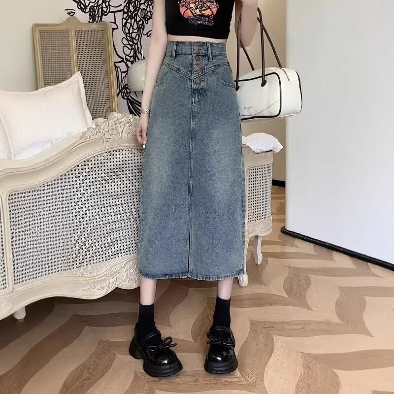 High Waist Washed Denim Midi A-Line Skirt