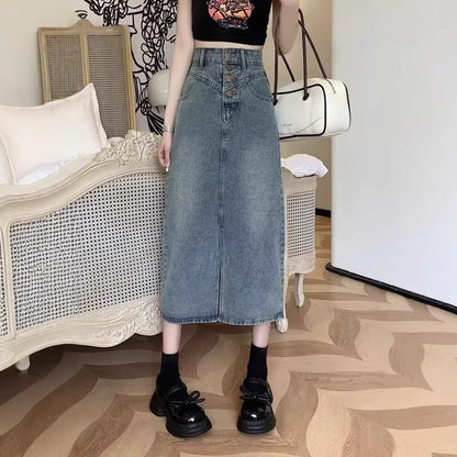 High Waist Washed Denim Midi A-Line Skirt