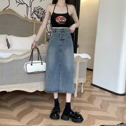 High Waist Washed Denim Midi A-Line Skirt