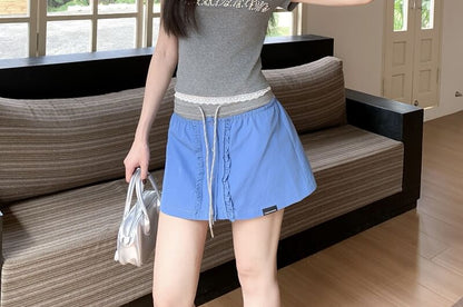 Drawstring Waist Two Tone Ruffle Trim Mini A-Line Skirt