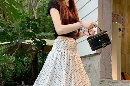 Mid Rise Dotted Ruched Maxi A-Line Skirt