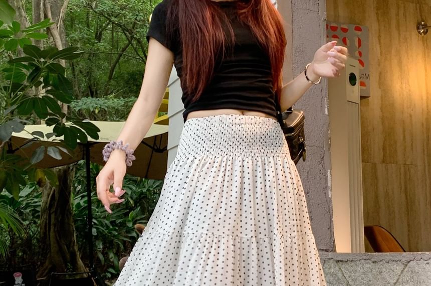 Mid Rise Dotted Ruched Maxi A-Line Skirt