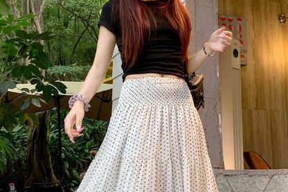 Mid Rise Dotted Ruched Maxi A-Line Skirt