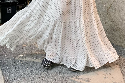 Mid Rise Dotted Ruched Maxi A-Line Skirt