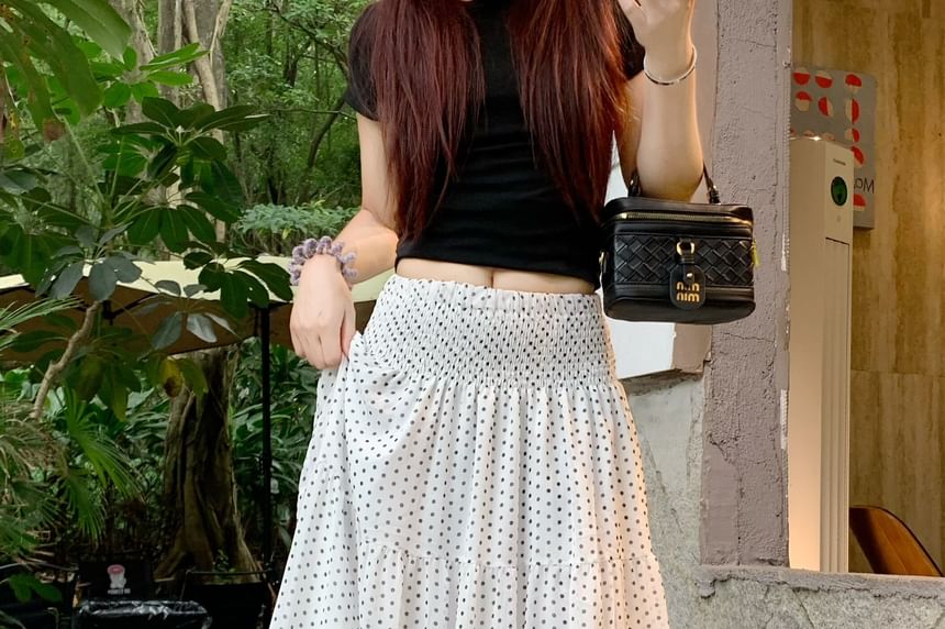 Mid Rise Dotted Ruched Maxi A-Line Skirt