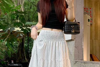 Mid Rise Dotted Ruched Maxi A-Line Skirt