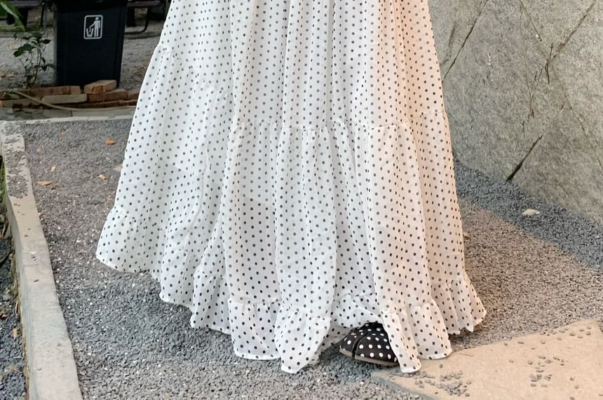 Mid Rise Dotted Ruched Maxi A-Line Skirt