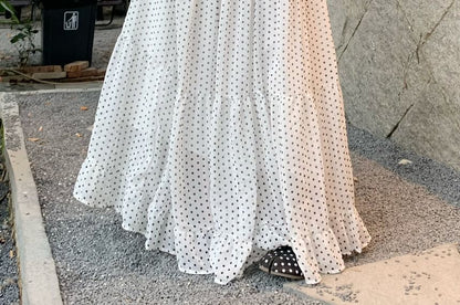 Mid Rise Dotted Ruched Maxi A-Line Skirt